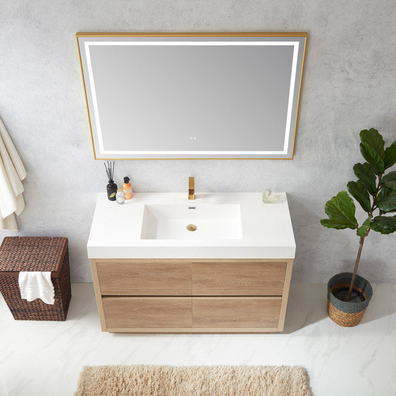 Beira 48'' Single Bathroom Vanity with Composite Top, North American Oak, White