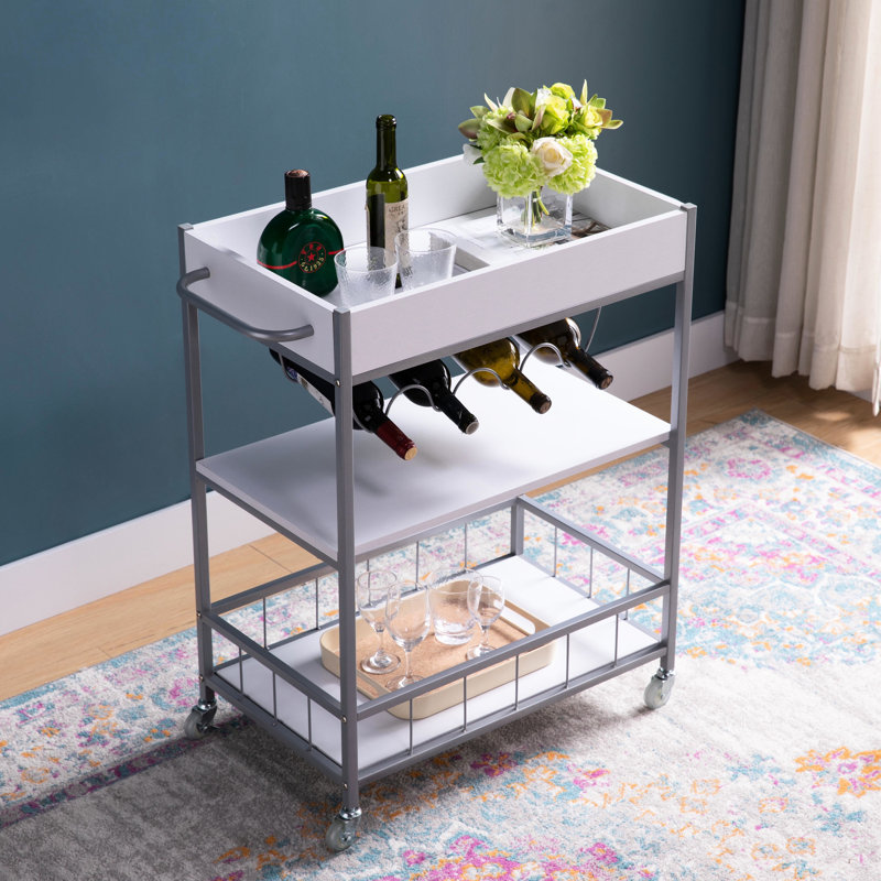 Chariot de cuisine en métal blanc argenté avec rangement à trois niveaux et porte-bouteilles de vin - Roues robustes pour la mobilité et le roulement à 3 niveaux, 4