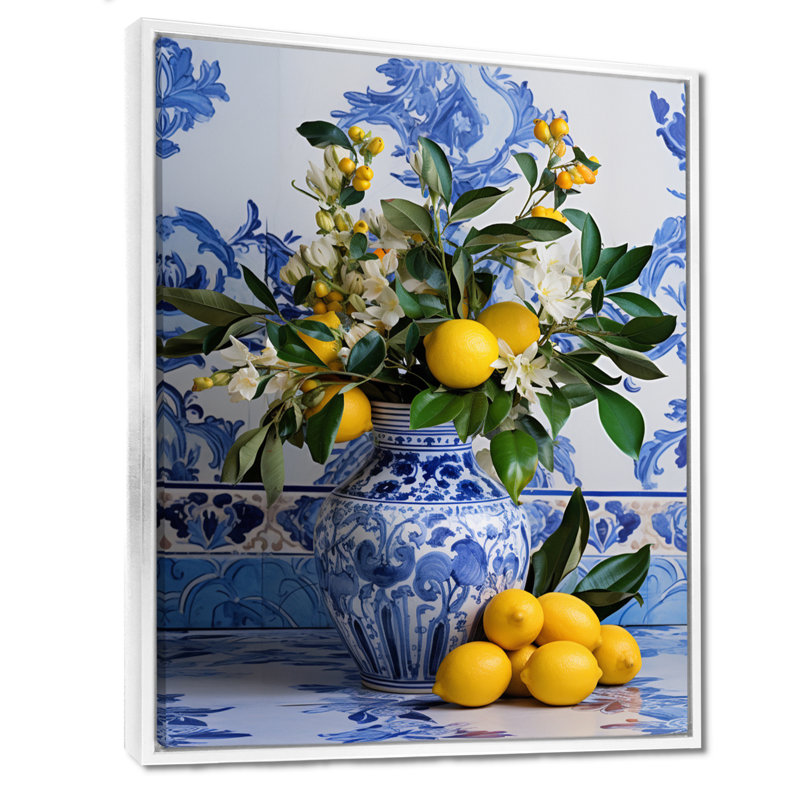 Carreaux grecs nature morte cuisine III - Boho Pottery, art mural, Cadre flottant blanc, H 32 po x l 16 po x P 1 po
