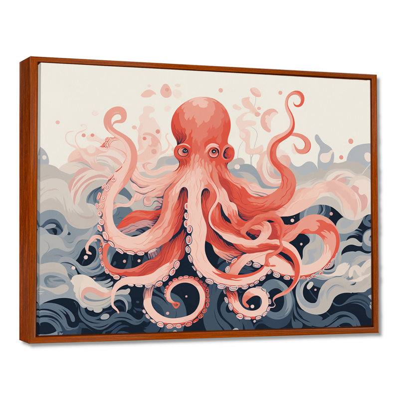Octopus Queen on the Waves Retro Illustration - Octopus / calmar animal, art mural, Toile brune avec cadre flottant