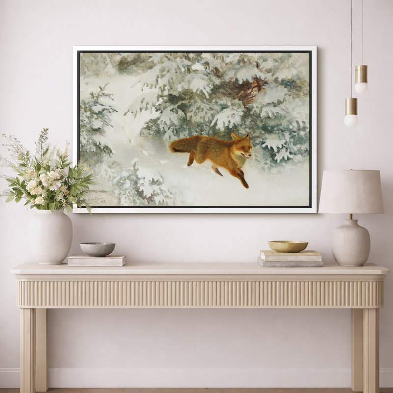 Courir, renard roux dans une forêt enneigée, œuvres d'art, impression sur toile encadrée, H 24 po x l 36 po