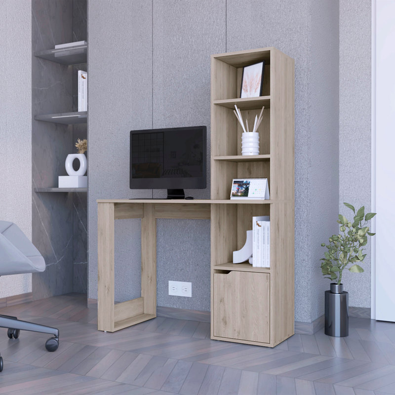 Bureau d'ordinateur avec bibliothèque à 4 niveaux et armoire à 1 porte, Brun