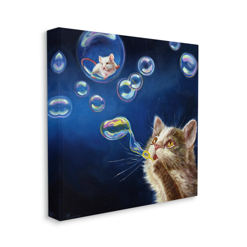 Chat et souris soufflant des bulles sur toile, H 24 po x l 24 po x P 1,5 po