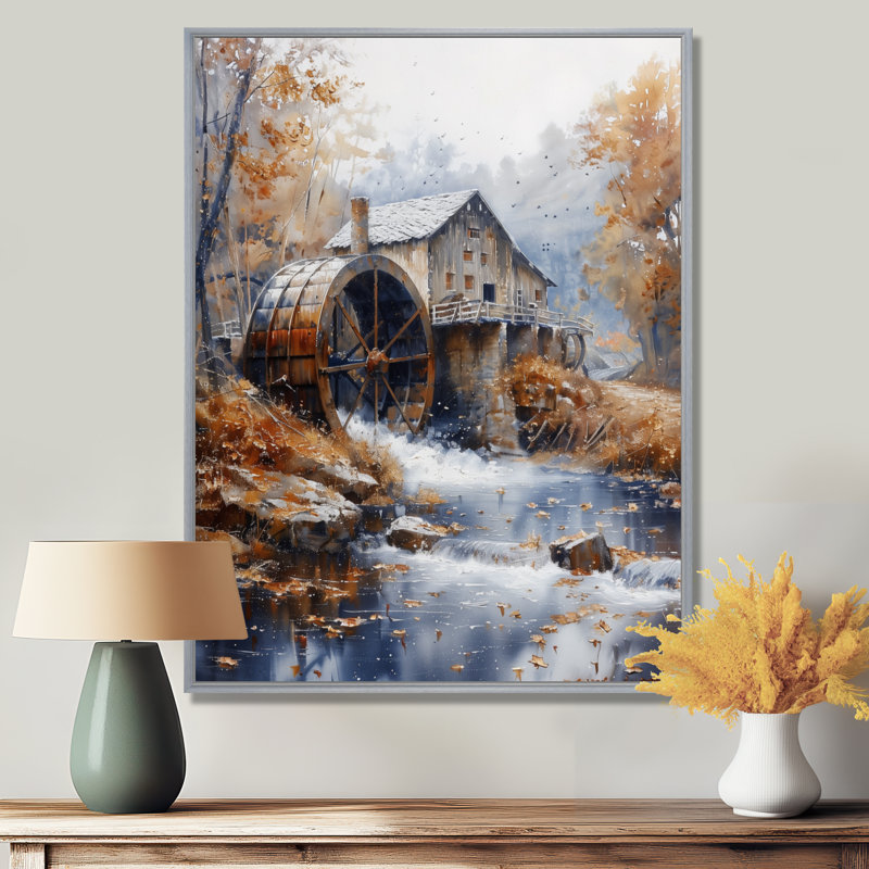 Meublé gris orange avec moulin à eau Wonder Mill II - Mills, H 30 po x l 40 po, Encadrement argenté