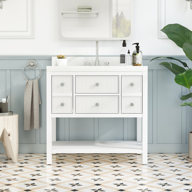 36" Solid Wood Bathroom Vanity With Backsplash, Quartz Top Soft Close Drawers, Elegant White
