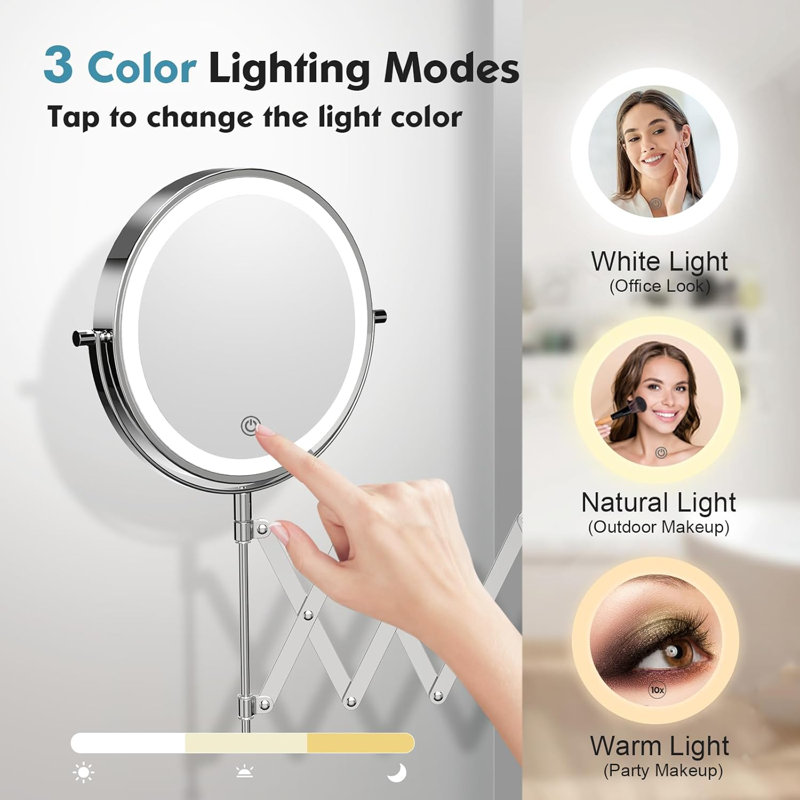 Round Nickel Metal LED Lighted Magnifying Extension Wall Mounted Bathroom Vanity Makeup Mirror, Brushed Nickel