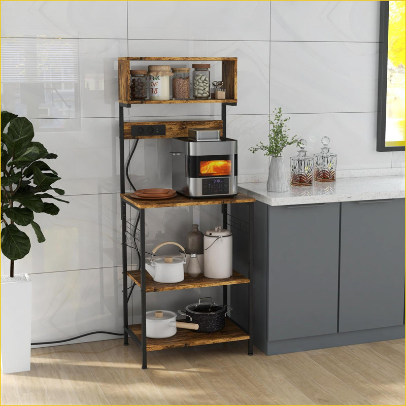 Étagère de cuisine, brun industriel avec prise de courant, chargeur USB, support pour micro-ondes | Panneau de particules | Structure en acier