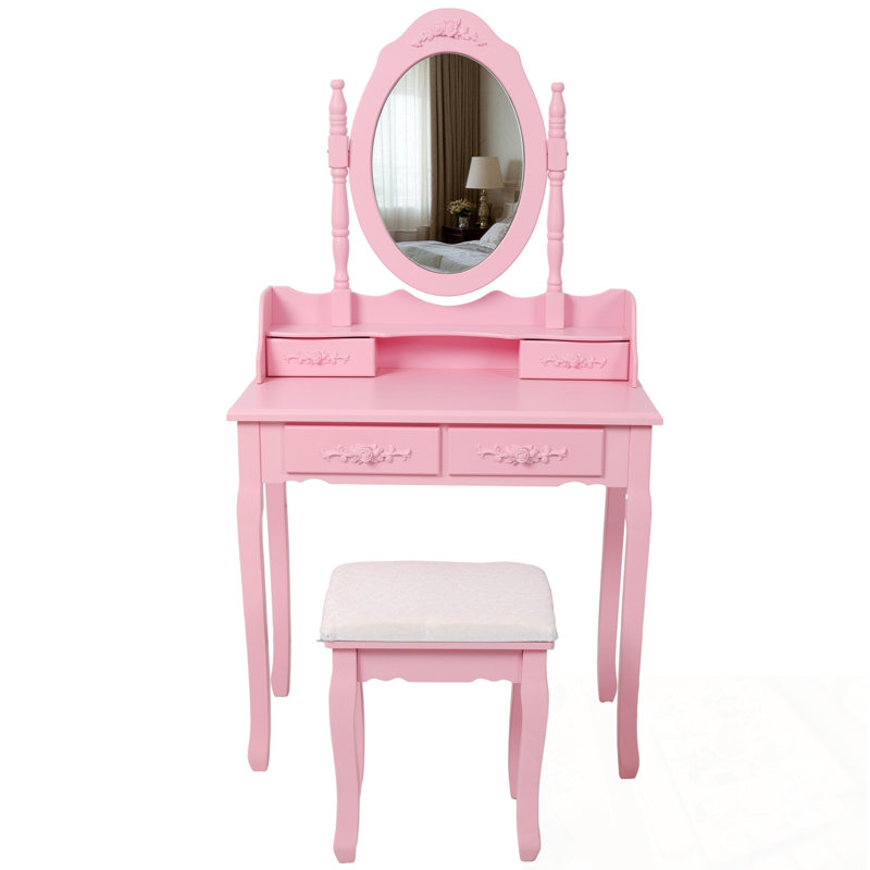 Coiffeuse de maquillage avec miroir, tabouret rembourré et 4 tiroirs, Rose