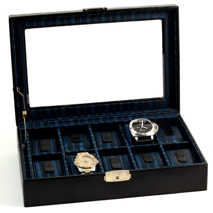 Black Leather Rectangular Locking Watch Case with Glass Top