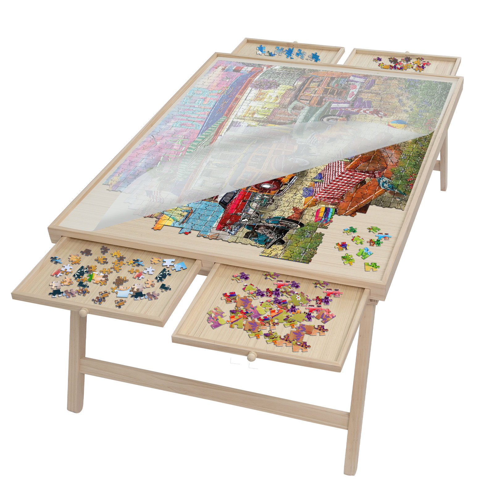 1000 Piece Wooden Jigsaw Puzzle Board - 4 Drawers, Rotating Puzzle Table |  30” X 22” Jigsaw Puzzle Table | Puzzle Cover Included - Portable Puzzle