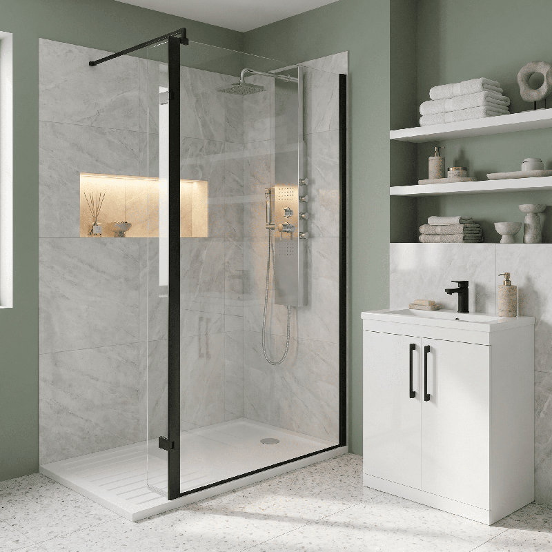 nuie 300mm Matt Black Wetroom Return Screen With Support Bar