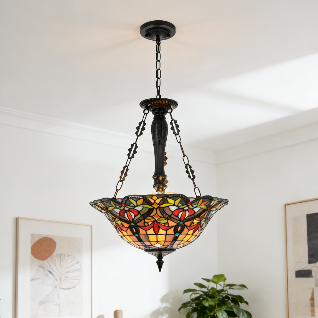Horrocks 17" Colorful Tiffany Style Stained Glass Foyer Pendant Light Fleur De Lis Living