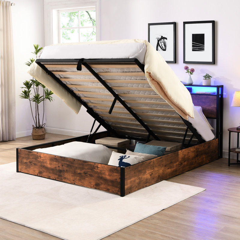 Lit de rangement en bois brun rustique avec tête de lit bibliothèque et compartiment à éclairage à DEL