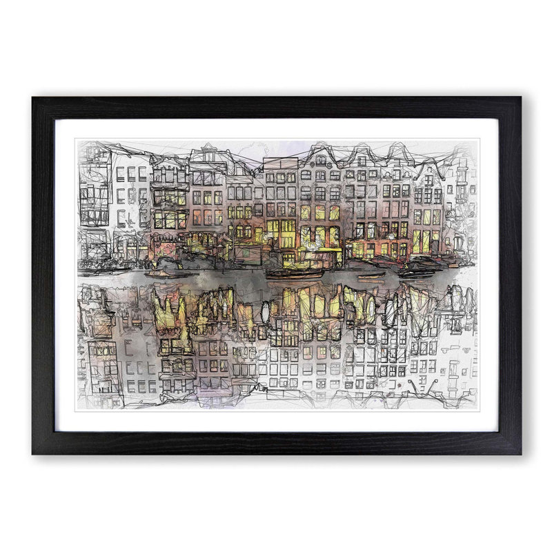 Amsterdam at Night in Abstract - Picture Frame Graphic Art Print on MDF, 62cm H x 87cm W x 2cm D, Black Framed