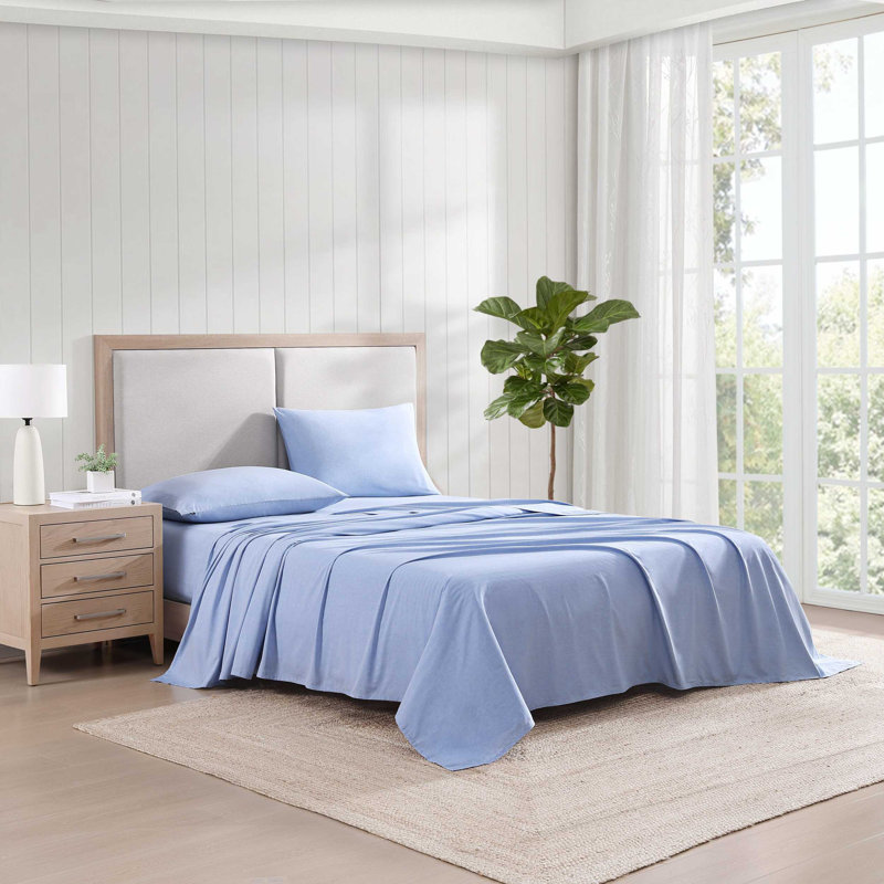 Tommy Hilfiger Cotton Chambray Sheet Set, Blue, Twin Extra Long Sheet Set with 3 Additional Pieces