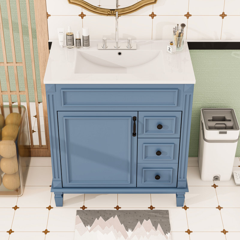 Meuble-lavabo autoportant avec lavabo en céramique, 2 tiroirs et tablette de rangement réglable, Bleu