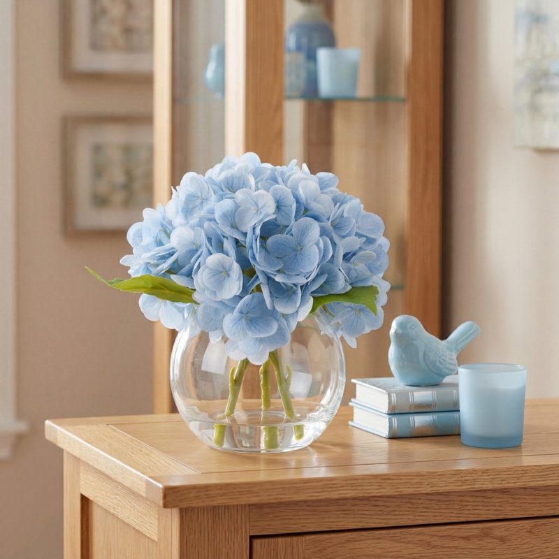 Fleurs d'hortensia artificielles avec vase, Bleu