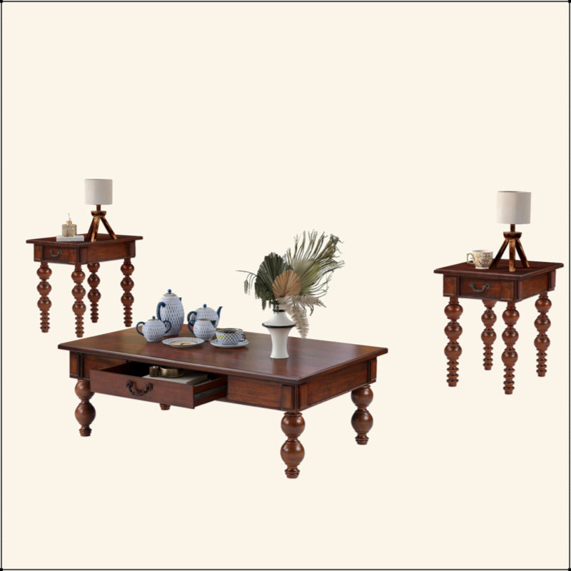 Ensemble de 3 tables basses en bois massif avec tiroir, table basse rétro et 2 tables d'appoint de bout pour le salon, le bureau et un appartement