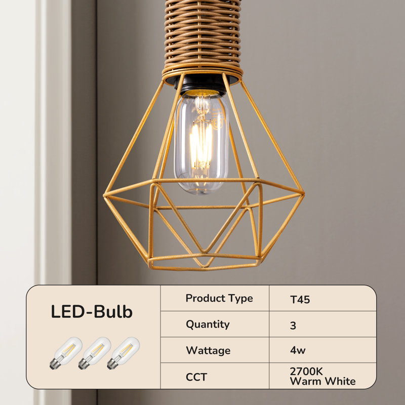 Crevan 65" Dimmable Rattan Tree Floor Lamp With 3 Bulbs Included, Gold