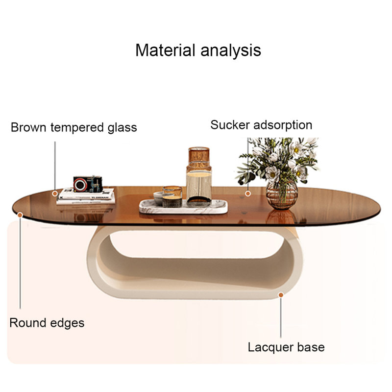 Simple light luxury oval glass coffee table, 14.2" H x 39.4" L x 23.6" W