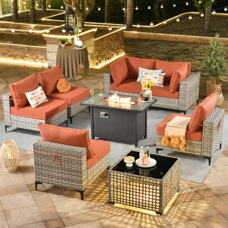 Emroy 6 - Person Reversible Modular Outdoor Conversation Set,Wicker Patio Seating Group with Lighted Coffee Table, All Weather Fire Pit & Sofa Set with Cushions
