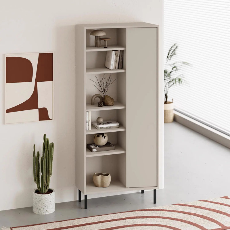 Tahereh Curved 5 Tier Tall Bookcase With 1 Door – 175.5 Cm, Brown