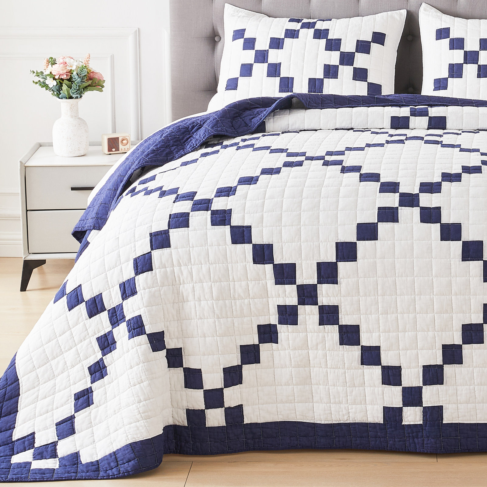 Irish Chain Patchwork Quilt Set, Blue, Queen Quilt + 2 Shams
