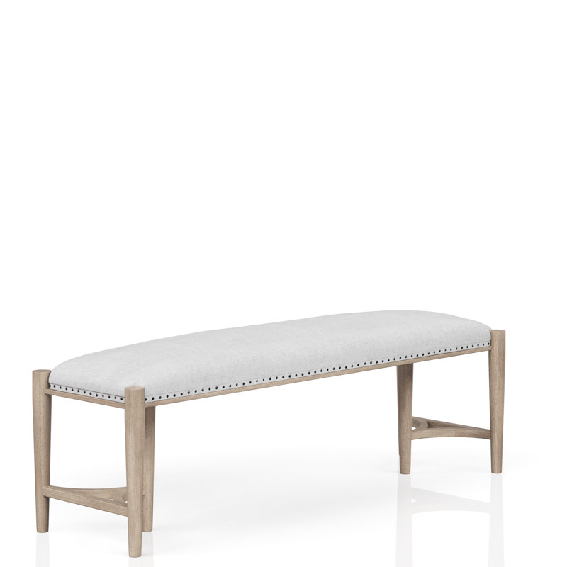 Distinctive Sand Colored Bench, Upholstered Seat, Triad Bases, Unique Design Bench For Seating Area, Bases