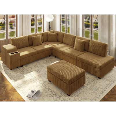 110''W Corduroy Sectional Sofa L-Shaped Convertible Sleeper Sofa Bed With Ottoman And USB Charging Ports