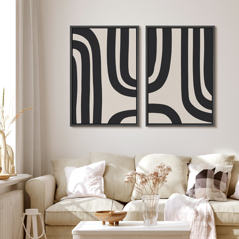Geometric Line Shape Mid Century Modern Black Abstract Spiral Neutral Decor Framed On Canvas 2 Pieces Print Wall Art