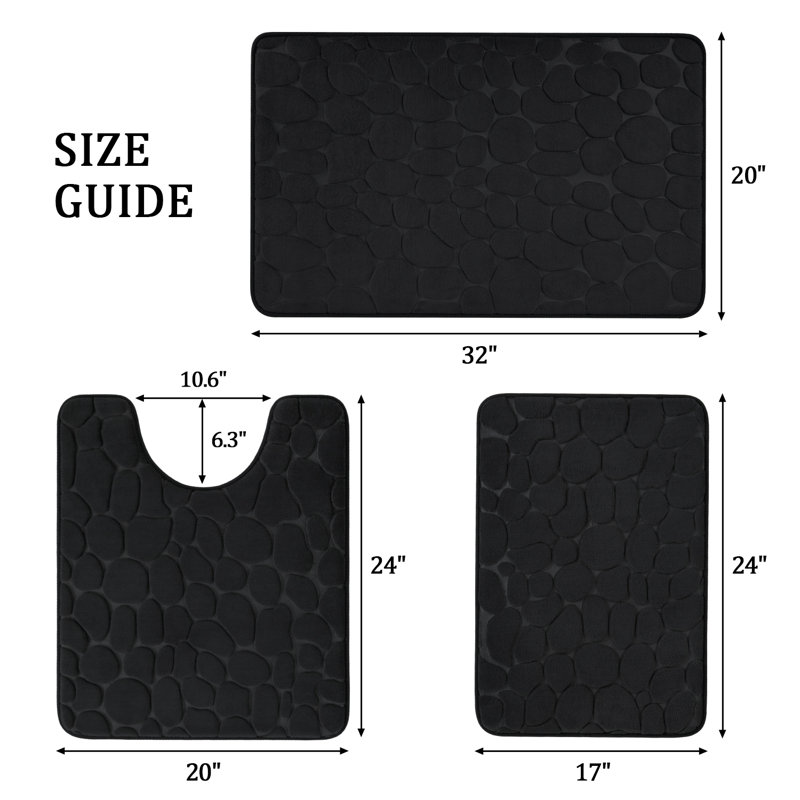 3 Piece Plush Memory Foam Bath Rug Set with Non-Slip Backing and High Absorbency, Black