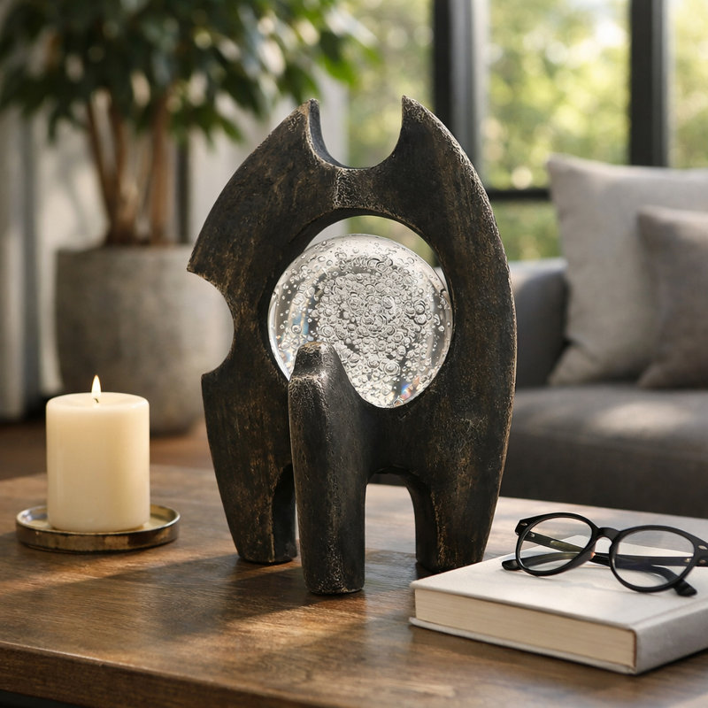 Abstract Resin Statue Object with Crystal Glass Accent for Home Decor - Decorative Figurine for Living Room Decoration - Black & Clear