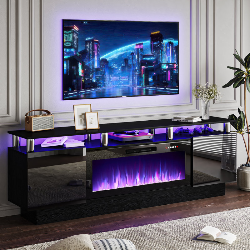 Meuble télé avec foyer électrique Alazik, Noir / argenté, Black, 24”H x 14”L x 70”W