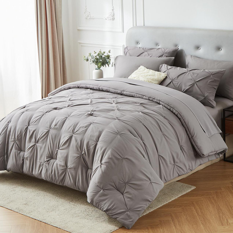 7pieces(full/queen/king)lightweight Solid Pinch Pleat Comforter Set For All Seasons, Twin(5 Pieces), Soft & Comfortable Bed In A Bag Set For Student/friends/family, A Cloud-like Sleeping Space , Spring/summer/autumn/winter, Great Gift/home Decor
