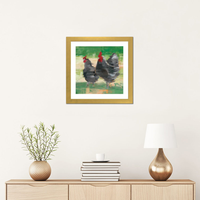 « Black Rooster & Hen II » par Ethan Harper, reproduction d’art, H 16 po x l 16 po x p 1 po, Papier encadré doré, Blanc