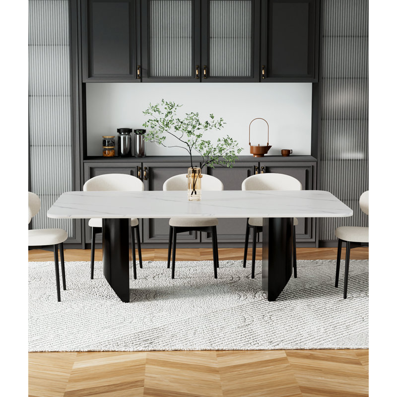  70.9" Modern White Rectangle Sintered Stone Dining Table With Stainless Steel Double Pedestal