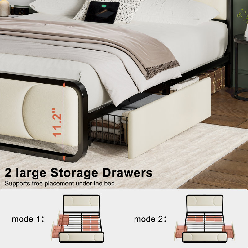 Upholstered Platform Bed with 2 Storage Drawers, Modern Bed Frame with Charging Station, Storage Bed with Velvet Tufted Headboard, No Spring Boxing Needed