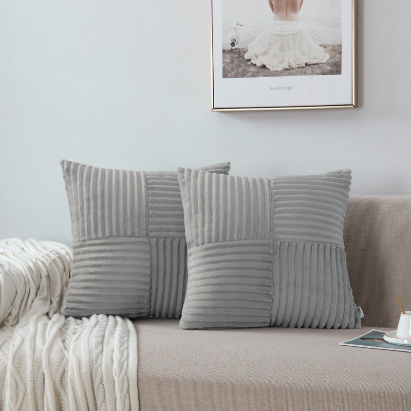 Housse de coussin carré en velours côtelé, Gris, H 20 po x l 20 po
