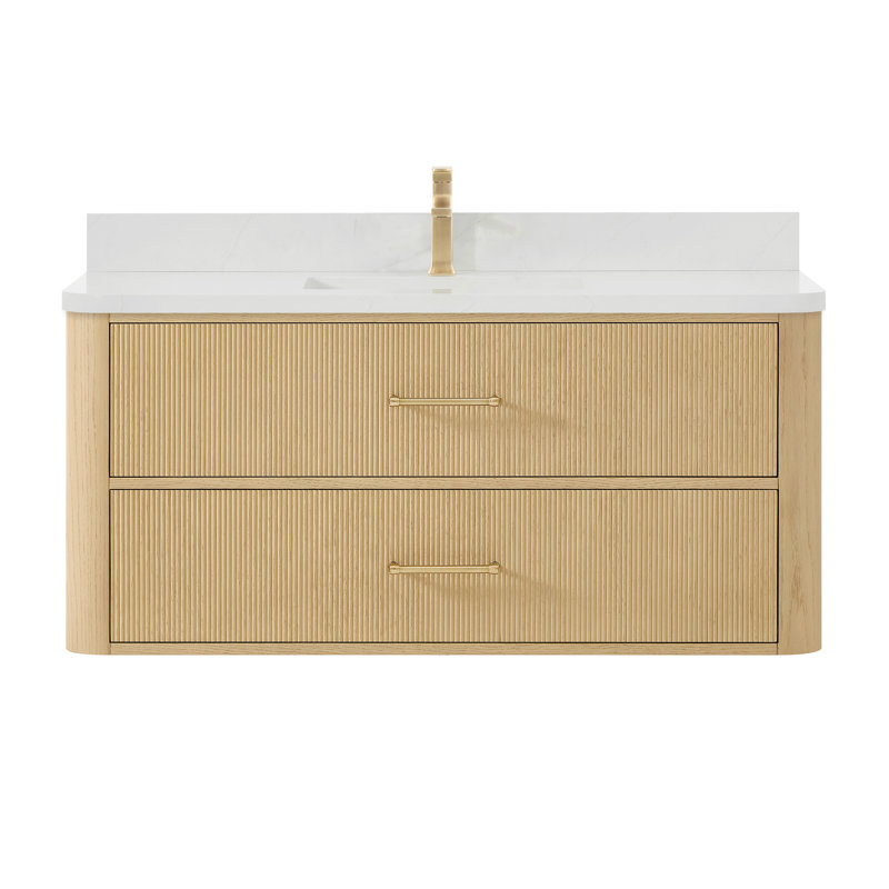 Ensemble de meuble-lavabo mural simple 48 po en chêne scandinave Francesca, Beige, Bronze, Quartz Giotto