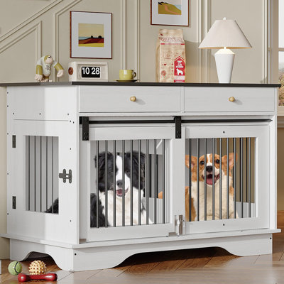 Dog Crate Furniture for 2 Dogs, 47" Double Dog Kennel with Removable Divider and 2 Drawers, Decorative TV Stand Side Table