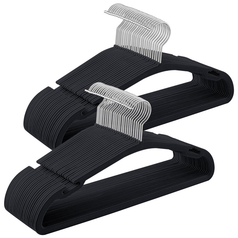 Velvet Hangers - Set Of 50 Coat Hangers, 21 Cm, Non-Slip With Wide Shoulder Notches, Trousers Bar, 360° Swivel Hook, Space-Saving For Wardrobe, Ink Black