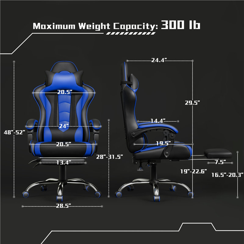 Ergonomic Gaming Chair with Massage Lumbar Pillow, Black/Blue