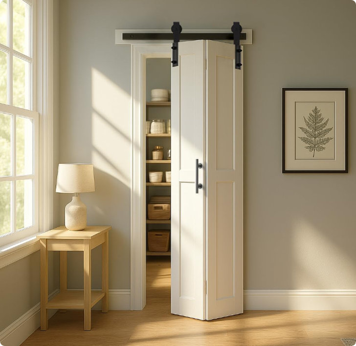 Porte de grange coulissante pliante blanche à double pliage 36 po x 84 po (18 x 2 po) S&Z, 36 po x 84 po, Gauche
