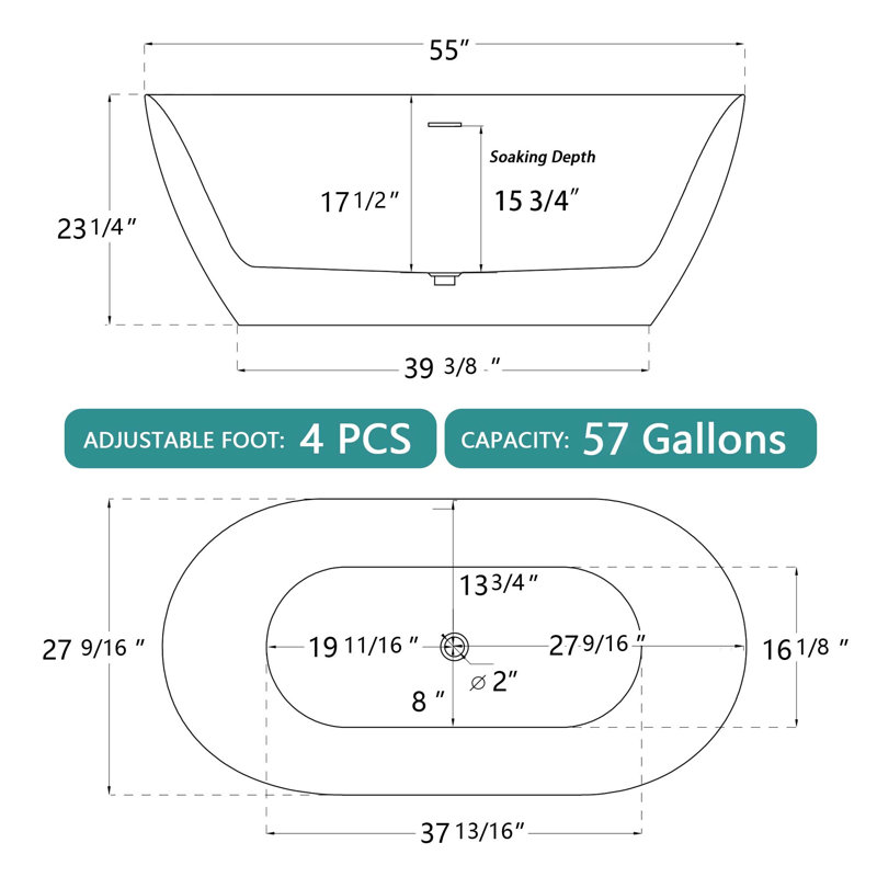 55'' x 27.5'' Freestanding Soaking Acrylic Bathtub