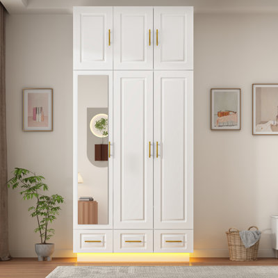 Armoire-penderie 3 portes, armoire à DEL 94,5 po avec 3 tiroirs, tringle et tablettes pour la chambre à coucher