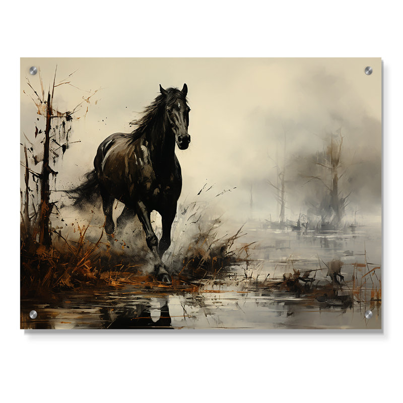 «Gray Horse Misty Morning Canter II», art mural cheval en acrylique, H 30 po x l 40 po