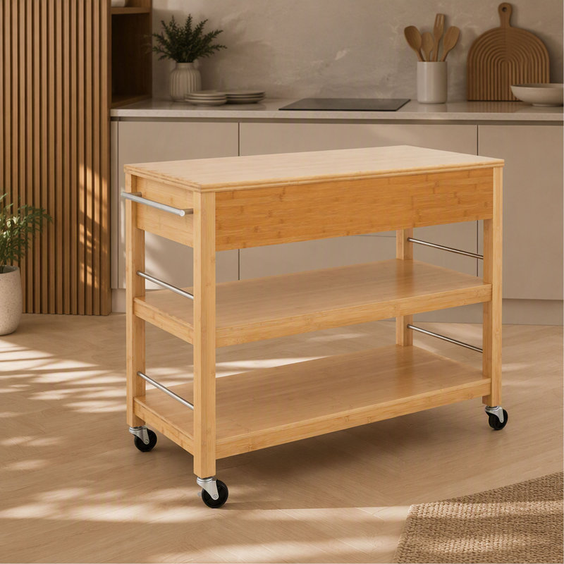 Chariot de bar multifonctionnel d'intérieur en bambou avec roulettes verrouillables, tiroirs et étagères ouvertes - Idéal pour la cuisine, la salle à manger et les réceptions