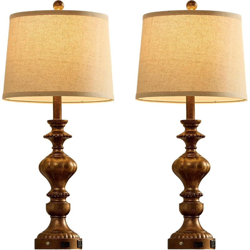 Ensemble de 2 lampes de table de ferme avec ports USB C + A et prise de courant CA, lampes de table de chevet à commande tactile à intensité variable à 3 voies pour chambre à coucher, salon, bureau, couloir, design traditionnel rustique