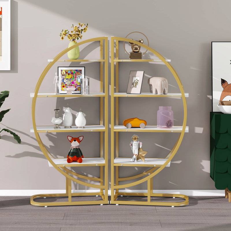 Round Bookcase, Home Office 4 Tier Bookshelf Open Freestanding Storage Shelf, MDF Board & Metal Frame