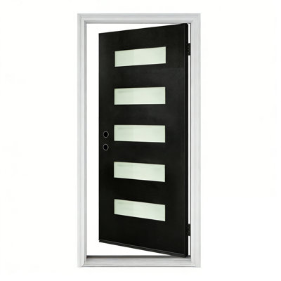 36“ X 80” Black Modular Fiberglass Entry Door, Modern Style, Suitable For Residential Front Doors, Left-Hinged, Inward-Opening, With White Vinyl Door Frame